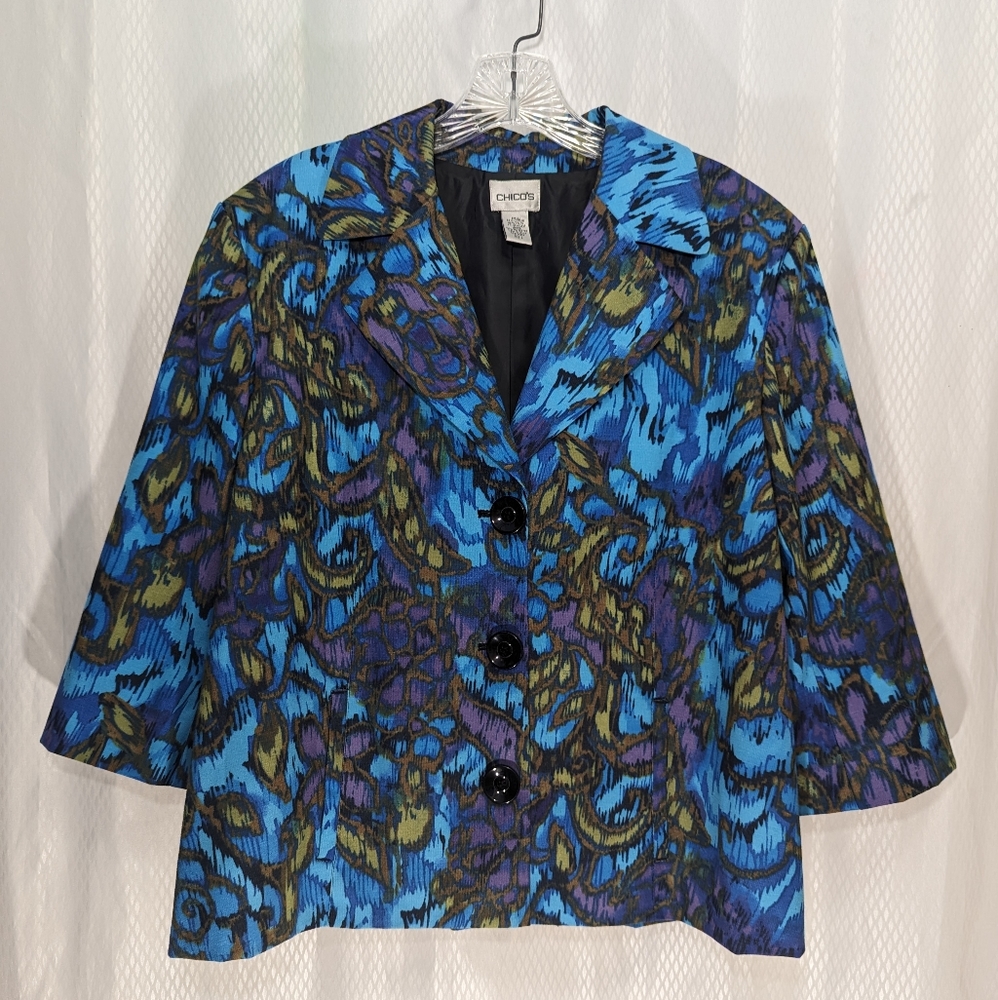 Chico's "Regal Vines" Floral Watercolor Jacket Blazer, Blue/Purple/Gold, Size 2